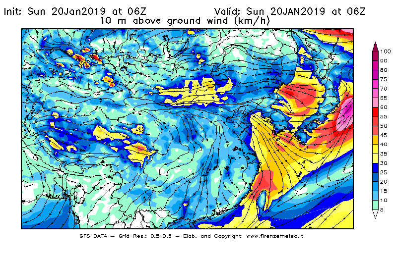 Mappa di analisi GFS - Velocità del vento a 10 metri dal suolo [km/h] in Asia Orientale
									del 20/01/2019 06 <!--googleoff: index-->UTC<!--googleon: index-->