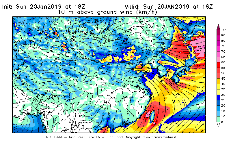 Mappa di analisi GFS - Velocità del vento a 10 metri dal suolo [km/h] in Asia Orientale
									del 20/01/2019 18 <!--googleoff: index-->UTC<!--googleon: index-->