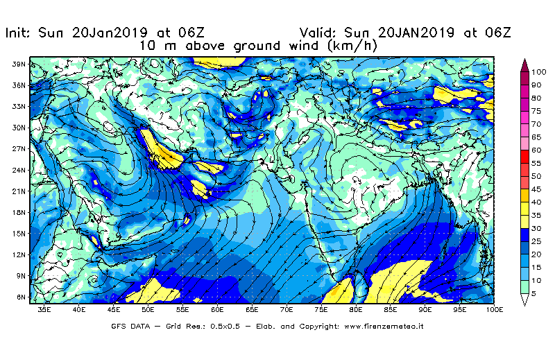 Mappa di analisi GFS - Velocità del vento a 10 metri dal suolo [km/h] in Asia Sud-Occidentale
									del 20/01/2019 06 <!--googleoff: index-->UTC<!--googleon: index-->
