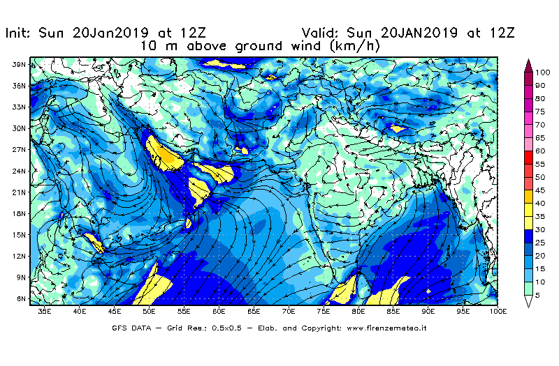 Mappa di analisi GFS - Velocità del vento a 10 metri dal suolo [km/h] in Asia Sud-Occidentale
									del 20/01/2019 12 <!--googleoff: index-->UTC<!--googleon: index-->
