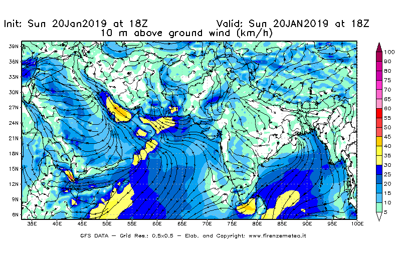 Mappa di analisi GFS - Velocità del vento a 10 metri dal suolo [km/h] in Asia Sud-Occidentale
									del 20/01/2019 18 <!--googleoff: index-->UTC<!--googleon: index-->