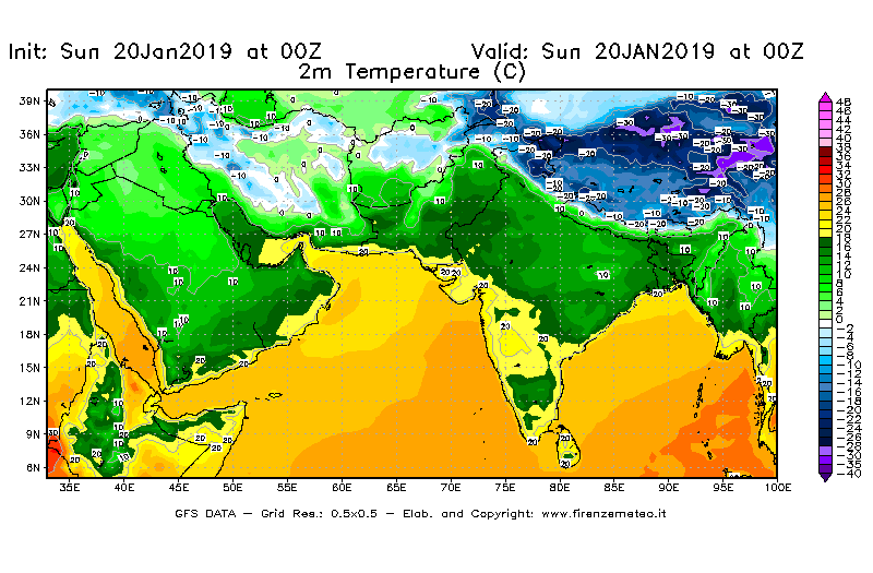 Mappa di analisi GFS - Temperatura a 2 metri dal suolo [°C] in Asia Sud-Occidentale
									del 20/01/2019 00 <!--googleoff: index-->UTC<!--googleon: index-->