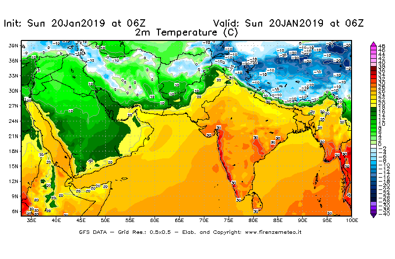 Mappa di analisi GFS - Temperatura a 2 metri dal suolo [°C] in Asia Sud-Occidentale
									del 20/01/2019 06 <!--googleoff: index-->UTC<!--googleon: index-->