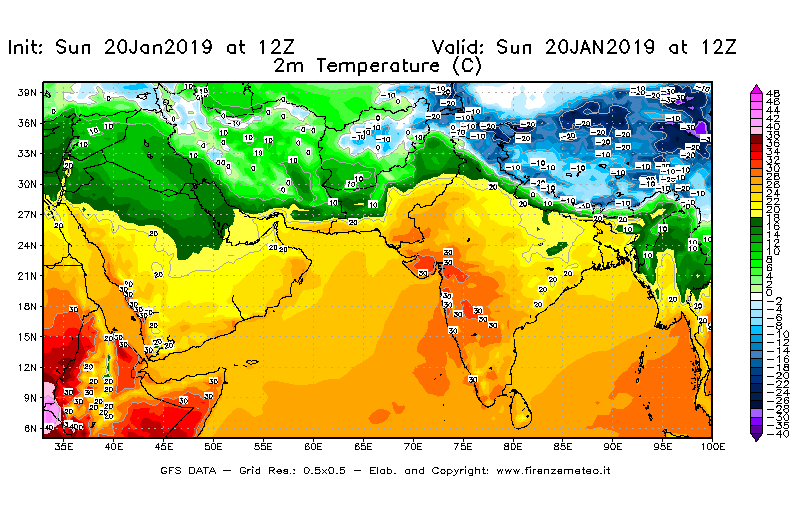 Mappa di analisi GFS - Temperatura a 2 metri dal suolo [°C] in Asia Sud-Occidentale
									del 20/01/2019 12 <!--googleoff: index-->UTC<!--googleon: index-->
