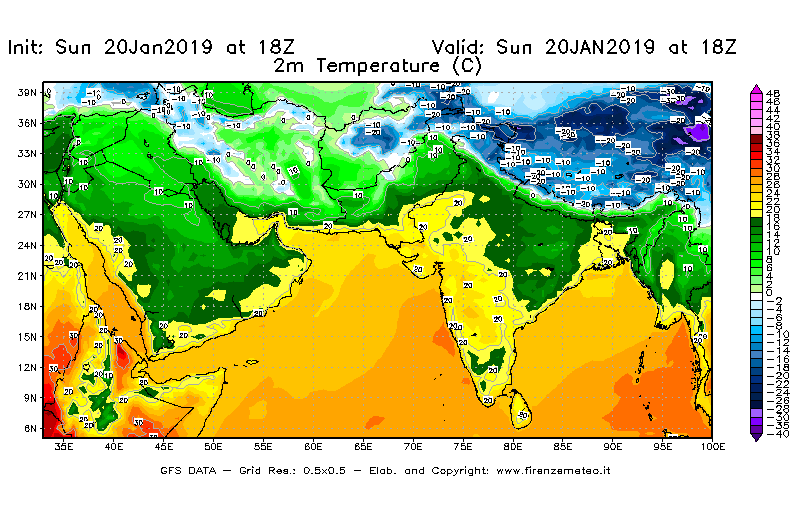 Mappa di analisi GFS - Temperatura a 2 metri dal suolo [°C] in Asia Sud-Occidentale
									del 20/01/2019 18 <!--googleoff: index-->UTC<!--googleon: index-->