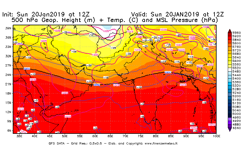 Mappa di analisi GFS - Geopotenziale [m] + Temp. [°C] a 500 hPa + Press. a livello del mare [hPa] in Asia Sud-Occidentale
									del 20/01/2019 12 <!--googleoff: index-->UTC<!--googleon: index-->
