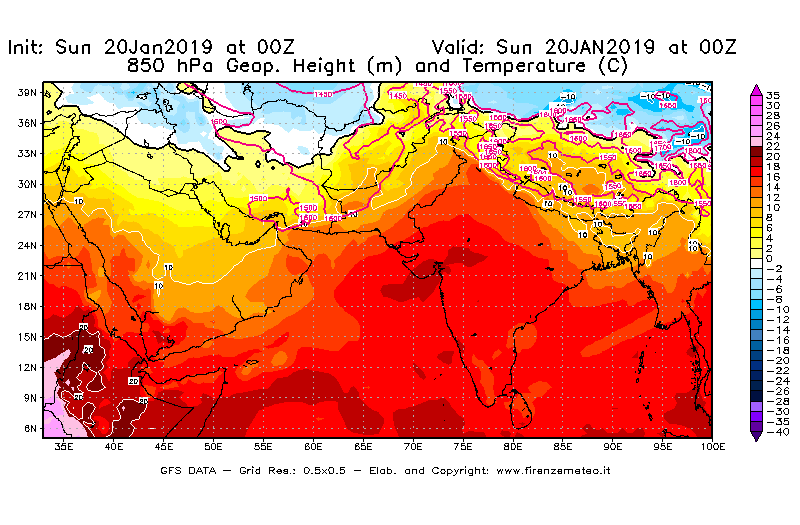 Mappa di analisi GFS - Geopotenziale [m] e Temperatura [°C] a 850 hPa in Asia Sud-Occidentale
									del 20/01/2019 00 <!--googleoff: index-->UTC<!--googleon: index-->