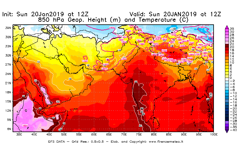 Mappa di analisi GFS - Geopotenziale [m] e Temperatura [°C] a 850 hPa in Asia Sud-Occidentale
									del 20/01/2019 12 <!--googleoff: index-->UTC<!--googleon: index-->