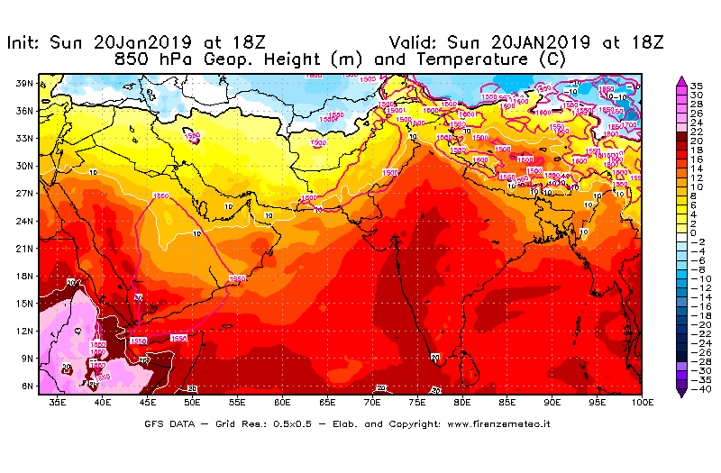 Mappa di analisi GFS - Geopotenziale [m] e Temperatura [°C] a 850 hPa in Asia Sud-Occidentale
									del 20/01/2019 18 <!--googleoff: index-->UTC<!--googleon: index-->