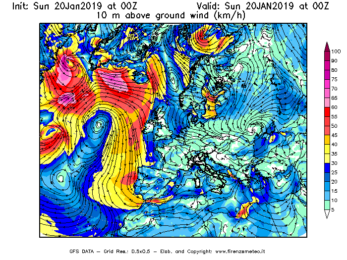 Mappa di analisi GFS - Velocità del vento a 10 metri dal suolo [km/h] in Europa
									del 20/01/2019 00 <!--googleoff: index-->UTC<!--googleon: index-->