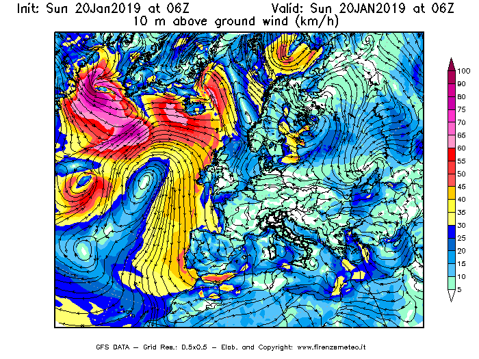 Mappa di analisi GFS - Velocità del vento a 10 metri dal suolo [km/h] in Europa
									del 20/01/2019 06 <!--googleoff: index-->UTC<!--googleon: index-->