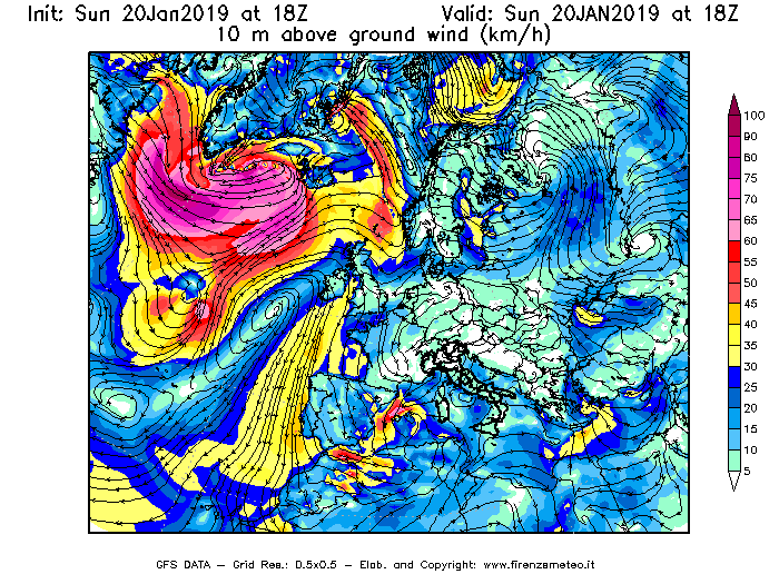 Mappa di analisi GFS - Velocità del vento a 10 metri dal suolo [km/h] in Europa
									del 20/01/2019 18 <!--googleoff: index-->UTC<!--googleon: index-->
