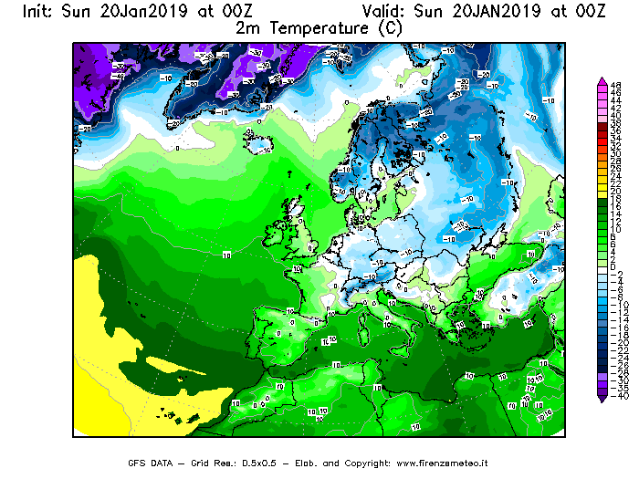 Mappa di analisi GFS - Temperatura a 2 metri dal suolo [°C] in Europa
									del 20/01/2019 00 <!--googleoff: index-->UTC<!--googleon: index-->