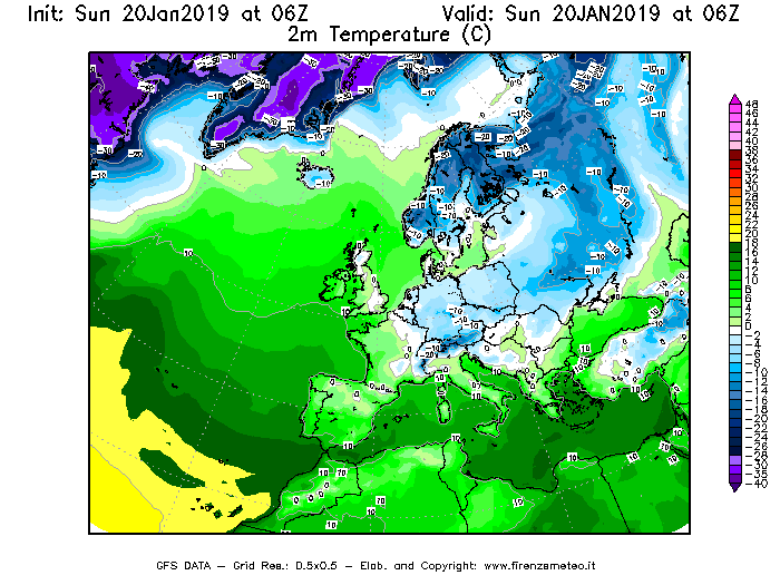 Mappa di analisi GFS - Temperatura a 2 metri dal suolo [°C] in Europa
									del 20/01/2019 06 <!--googleoff: index-->UTC<!--googleon: index-->