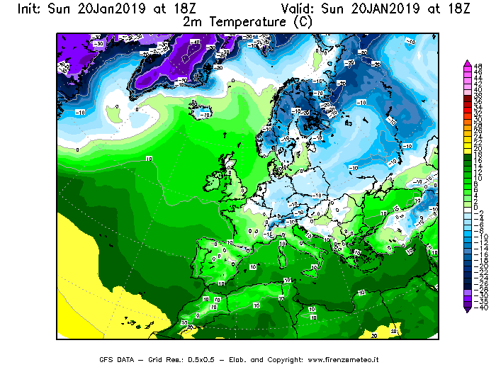 Mappa di analisi GFS - Temperatura a 2 metri dal suolo [°C] in Europa
									del 20/01/2019 18 <!--googleoff: index-->UTC<!--googleon: index-->