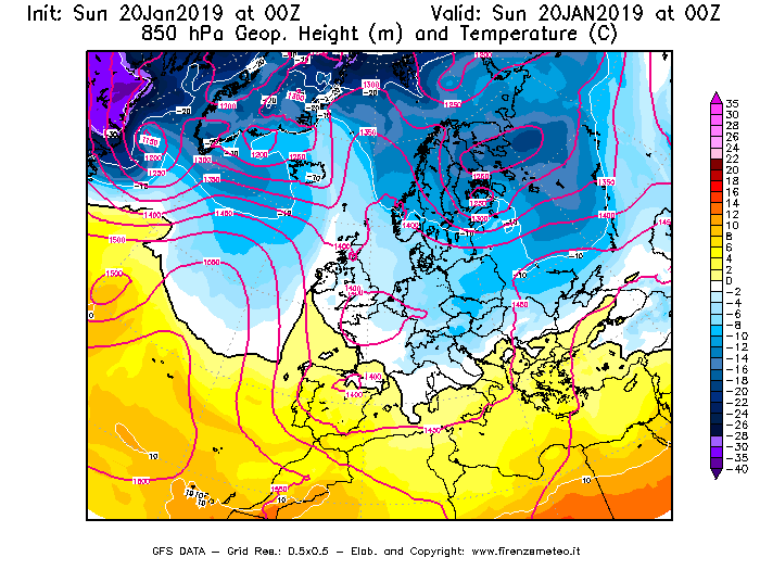Mappa di analisi GFS - Geopotenziale [m] e Temperatura [°C] a 850 hPa in Europa
									del 20/01/2019 00 <!--googleoff: index-->UTC<!--googleon: index-->