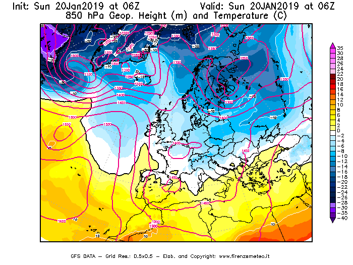 Mappa di analisi GFS - Geopotenziale [m] e Temperatura [°C] a 850 hPa in Europa
									del 20/01/2019 06 <!--googleoff: index-->UTC<!--googleon: index-->