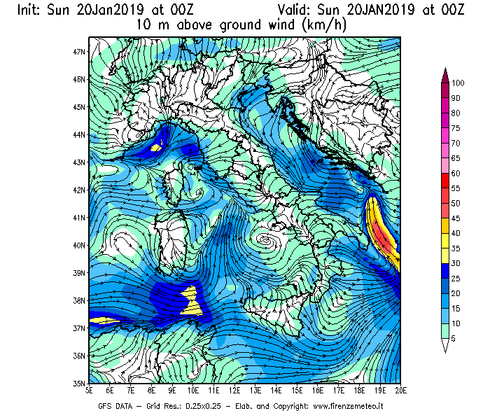 Mappa di analisi GFS - Velocità del vento a 10 metri dal suolo [km/h] in Italia
									del 20/01/2019 00 <!--googleoff: index-->UTC<!--googleon: index-->