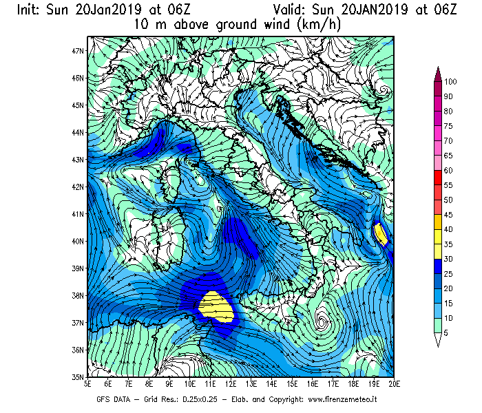 Mappa di analisi GFS - Velocità del vento a 10 metri dal suolo [km/h] in Italia
									del 20/01/2019 06 <!--googleoff: index-->UTC<!--googleon: index-->