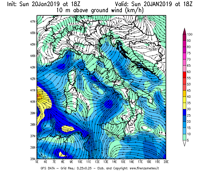 Mappa di analisi GFS - Velocità del vento a 10 metri dal suolo [km/h] in Italia
									del 20/01/2019 18 <!--googleoff: index-->UTC<!--googleon: index-->