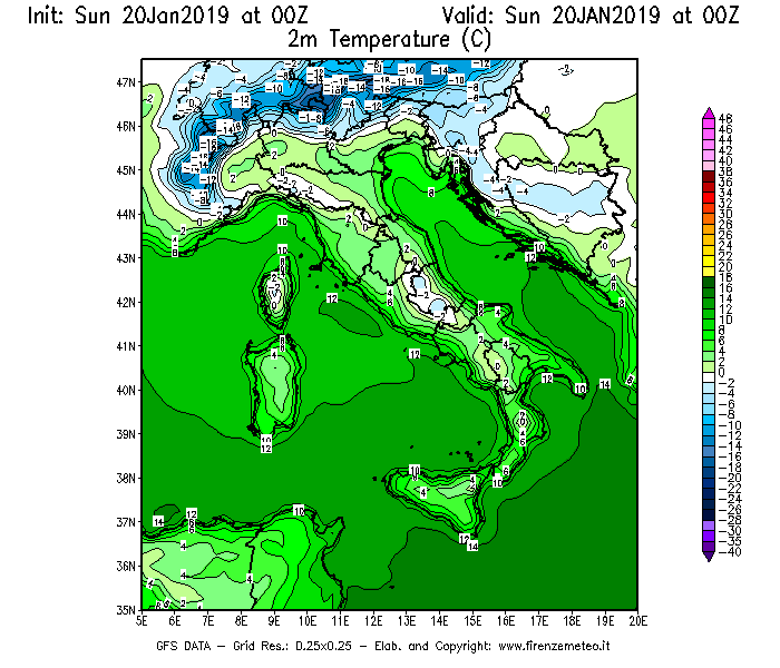 Mappa di analisi GFS - Temperatura a 2 metri dal suolo [°C] in Italia
									del 20/01/2019 00 <!--googleoff: index-->UTC<!--googleon: index-->