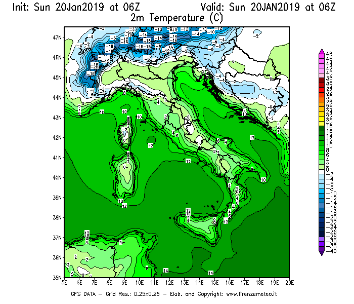 Mappa di analisi GFS - Temperatura a 2 metri dal suolo [°C] in Italia
									del 20/01/2019 06 <!--googleoff: index-->UTC<!--googleon: index-->