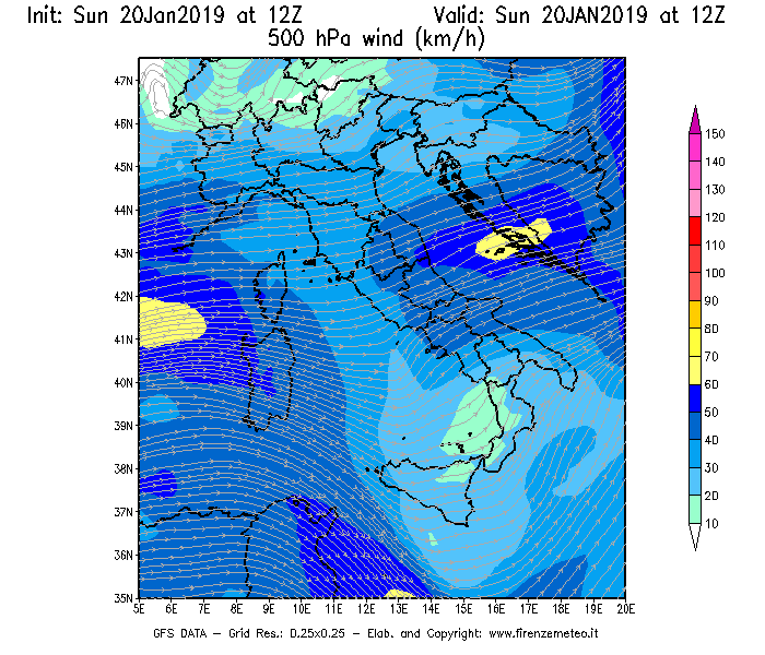 Mappa di analisi GFS - Velocità del vento a 500 hPa [km/h] in Italia
									del 20/01/2019 12 <!--googleoff: index-->UTC<!--googleon: index-->