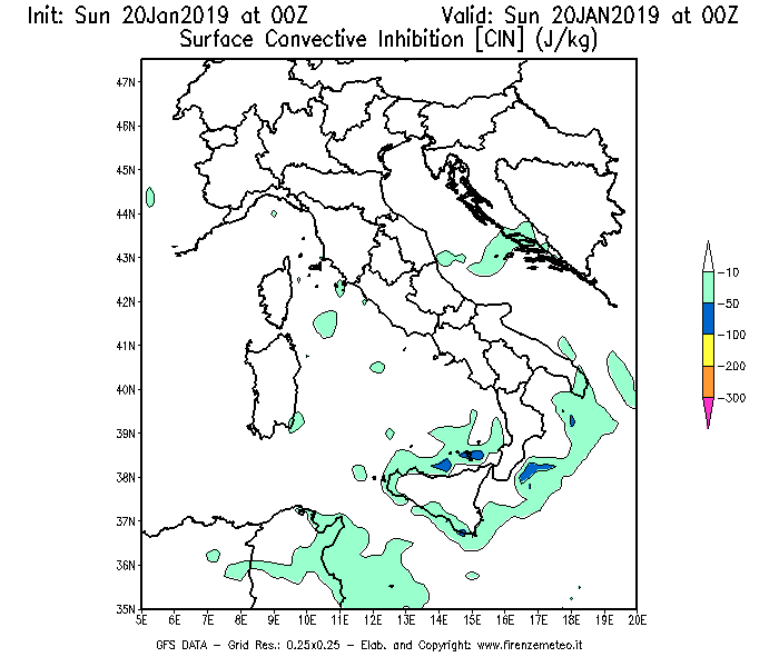 Mappa di analisi GFS - CIN [J/kg] in Italia
									del 20/01/2019 00 <!--googleoff: index-->UTC<!--googleon: index-->