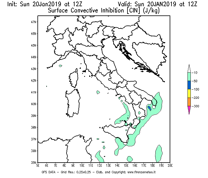 Mappa di analisi GFS - CIN [J/kg] in Italia
									del 20/01/2019 12 <!--googleoff: index-->UTC<!--googleon: index-->