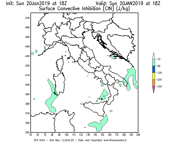 Mappa di analisi GFS - CIN [J/kg] in Italia
									del 20/01/2019 18 <!--googleoff: index-->UTC<!--googleon: index-->