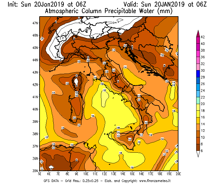 Mappa di analisi GFS - Precipitable Water [mm] in Italia
									del 20/01/2019 06 <!--googleoff: index-->UTC<!--googleon: index-->