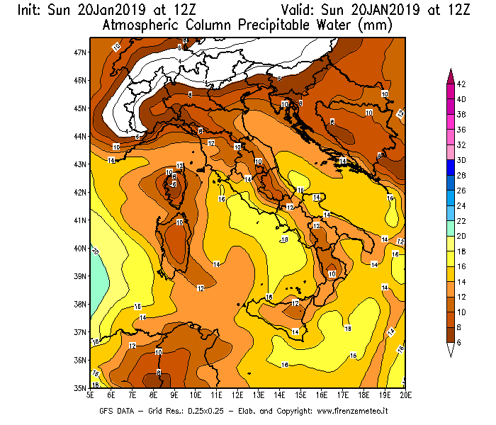 Mappa di analisi GFS - Precipitable Water [mm] in Italia
									del 20/01/2019 12 <!--googleoff: index-->UTC<!--googleon: index-->