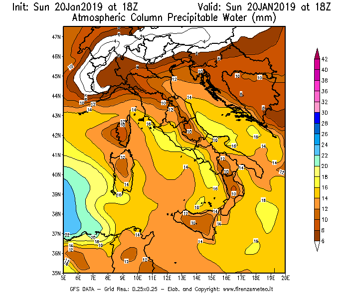 Mappa di analisi GFS - Precipitable Water [mm] in Italia
									del 20/01/2019 18 <!--googleoff: index-->UTC<!--googleon: index-->