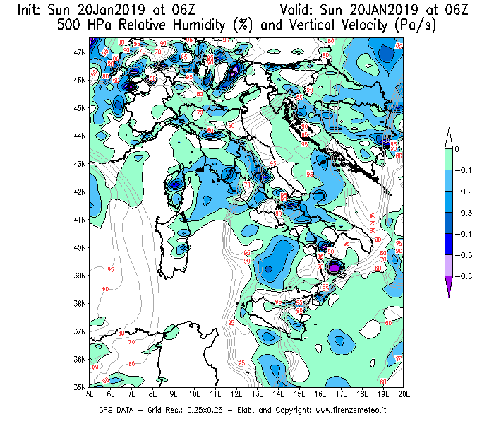 Mappa di analisi GFS - Umidità relativa [%] e Omega [Pa/s] a 500 hPa in Italia
									del 20/01/2019 06 <!--googleoff: index-->UTC<!--googleon: index-->