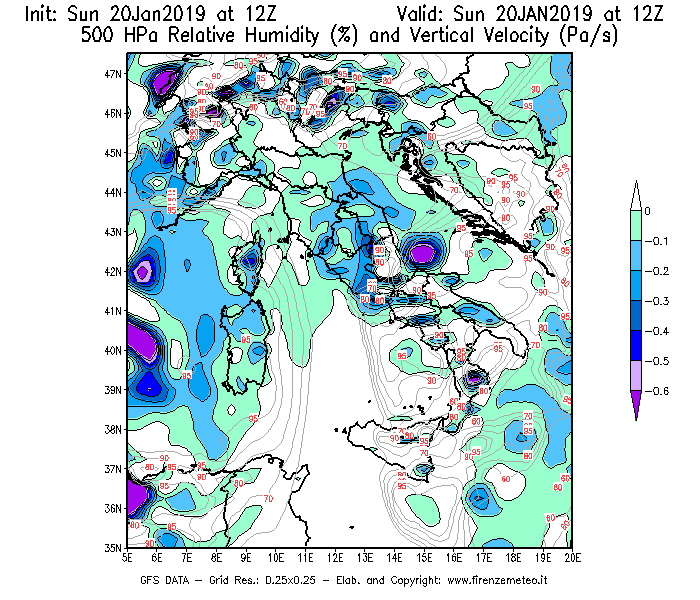 Mappa di analisi GFS - Umidità relativa [%] e Omega [Pa/s] a 500 hPa in Italia
									del 20/01/2019 12 <!--googleoff: index-->UTC<!--googleon: index-->