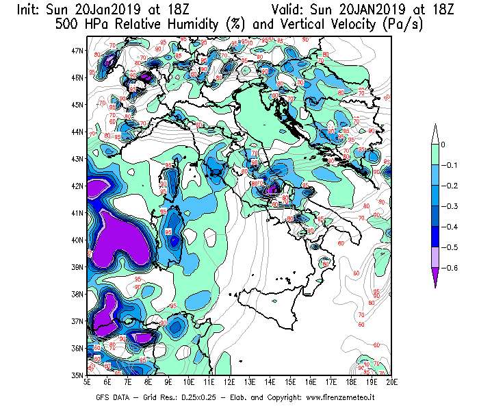 Mappa di analisi GFS - Umidità relativa [%] e Omega [Pa/s] a 500 hPa in Italia
									del 20/01/2019 18 <!--googleoff: index-->UTC<!--googleon: index-->