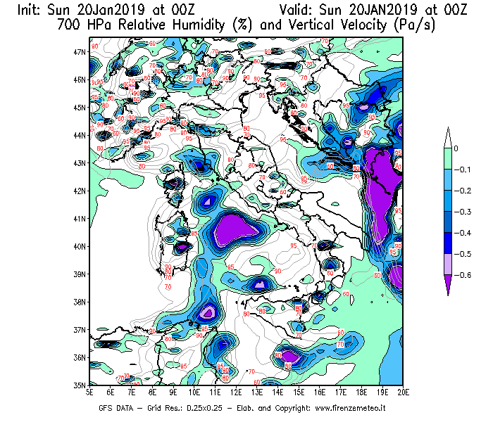 Mappa di analisi GFS - Umidità relativa [%] e Omega [Pa/s] a 700 hPa in Italia
									del 20/01/2019 00 <!--googleoff: index-->UTC<!--googleon: index-->