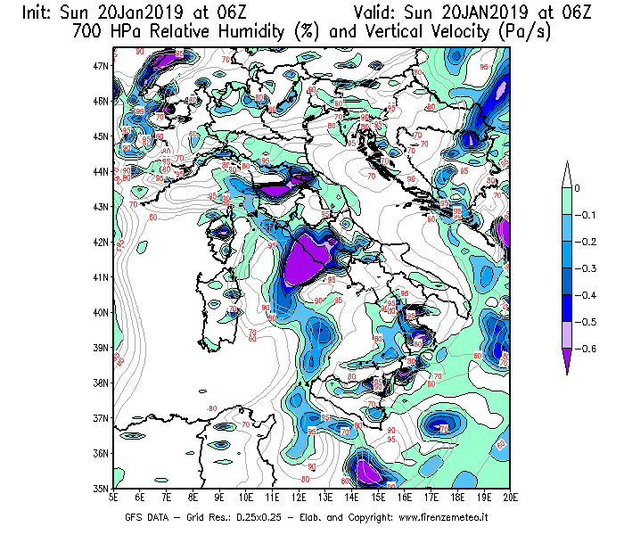 Mappa di analisi GFS - Umidità relativa [%] e Omega [Pa/s] a 700 hPa in Italia
									del 20/01/2019 06 <!--googleoff: index-->UTC<!--googleon: index-->