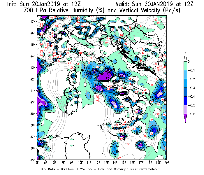 Mappa di analisi GFS - Umidità relativa [%] e Omega [Pa/s] a 700 hPa in Italia
									del 20/01/2019 12 <!--googleoff: index-->UTC<!--googleon: index-->