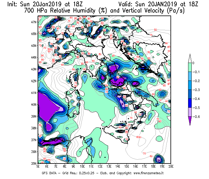 Mappa di analisi GFS - Umidità relativa [%] e Omega [Pa/s] a 700 hPa in Italia
									del 20/01/2019 18 <!--googleoff: index-->UTC<!--googleon: index-->