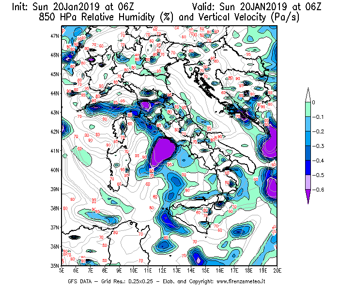 Mappa di analisi GFS - Umidità relativa [%] e Omega [Pa/s] a 850 hPa in Italia
									del 20/01/2019 06 <!--googleoff: index-->UTC<!--googleon: index-->