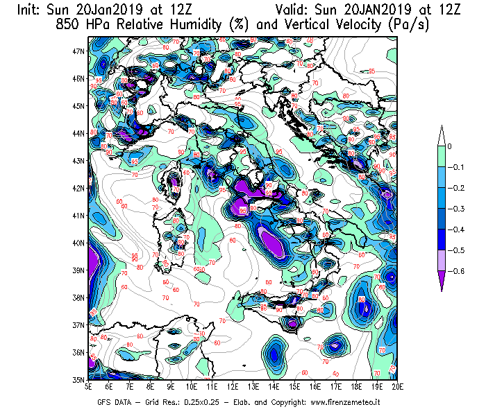 Mappa di analisi GFS - Umidità relativa [%] e Omega [Pa/s] a 850 hPa in Italia
									del 20/01/2019 12 <!--googleoff: index-->UTC<!--googleon: index-->
