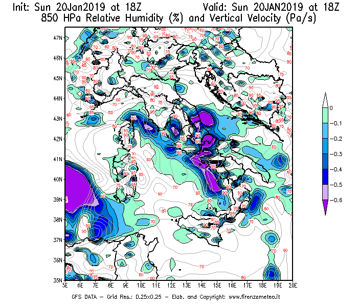 Mappa di analisi GFS - Umidità relativa [%] e Omega [Pa/s] a 850 hPa in Italia
									del 20/01/2019 18 <!--googleoff: index-->UTC<!--googleon: index-->