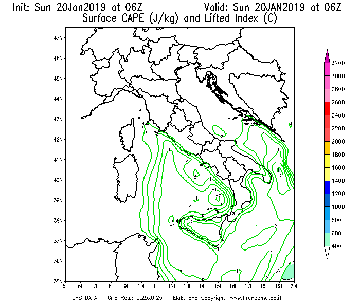 Mappa di analisi GFS - CAPE [J/kg] e Lifted Index [°C] in Italia
									del 20/01/2019 06 <!--googleoff: index-->UTC<!--googleon: index-->