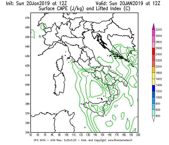 Mappa di analisi GFS - CAPE [J/kg] e Lifted Index [°C] in Italia
									del 20/01/2019 12 <!--googleoff: index-->UTC<!--googleon: index-->