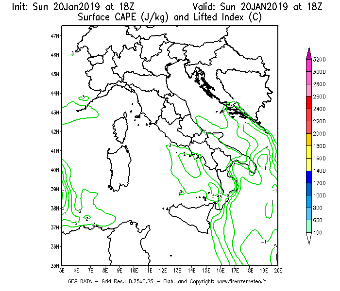 Mappa di analisi GFS - CAPE [J/kg] e Lifted Index [°C] in Italia
									del 20/01/2019 18 <!--googleoff: index-->UTC<!--googleon: index-->