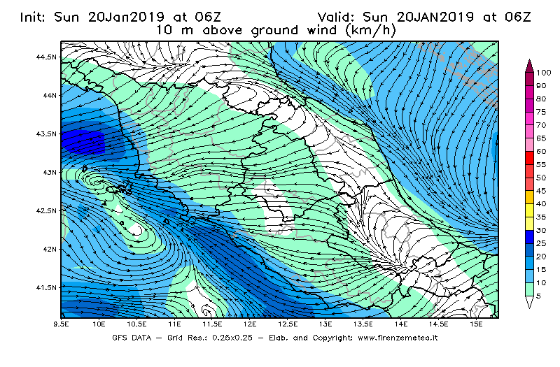 Mappa di analisi GFS - Velocità del vento a 10 metri dal suolo [km/h] in Centro-Italia
									del 20/01/2019 06 <!--googleoff: index-->UTC<!--googleon: index-->