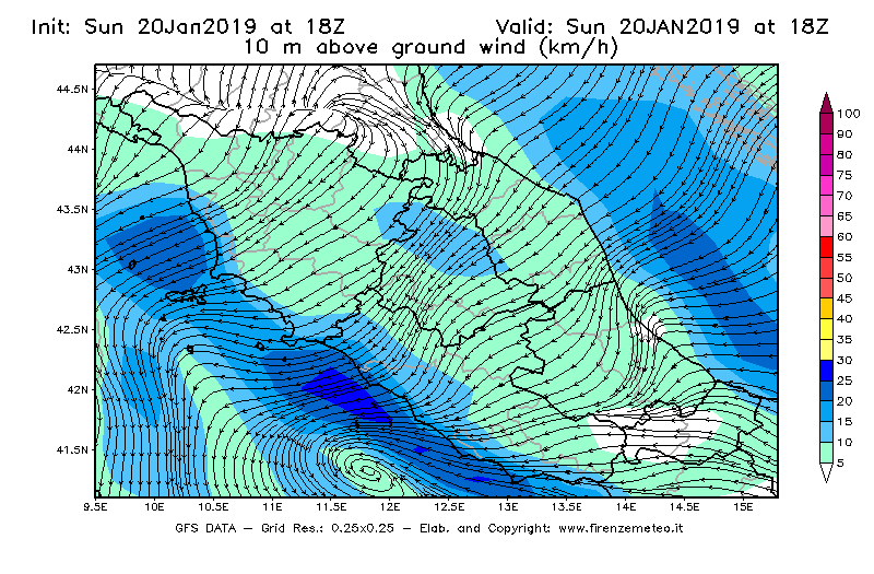 Mappa di analisi GFS - Velocità del vento a 10 metri dal suolo [km/h] in Centro-Italia
									del 20/01/2019 18 <!--googleoff: index-->UTC<!--googleon: index-->