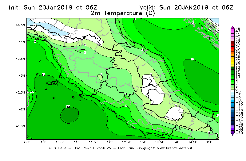 Mappa di analisi GFS - Temperatura a 2 metri dal suolo [°C] in Centro-Italia
									del 20/01/2019 06 <!--googleoff: index-->UTC<!--googleon: index-->