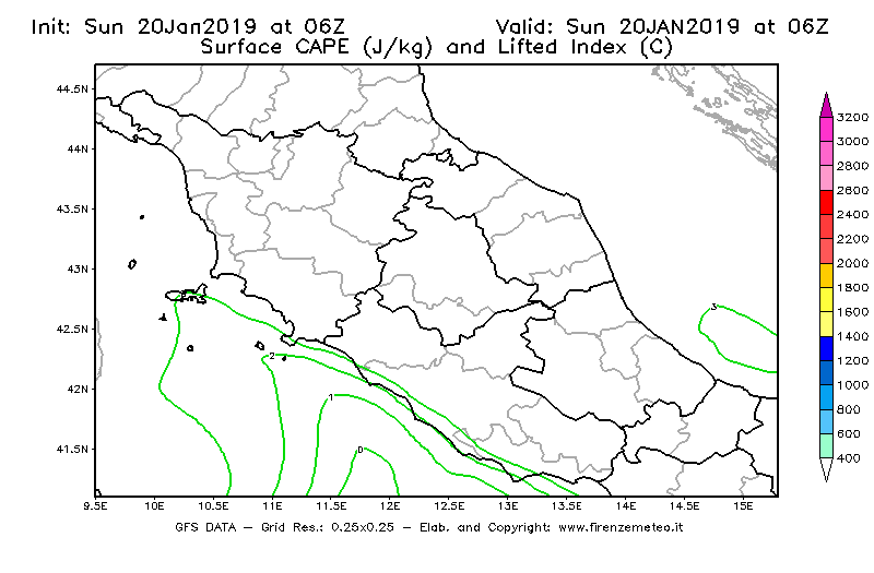 Mappa di analisi GFS - CAPE [J/kg] e Lifted Index [°C] in Centro-Italia
									del 20/01/2019 06 <!--googleoff: index-->UTC<!--googleon: index-->